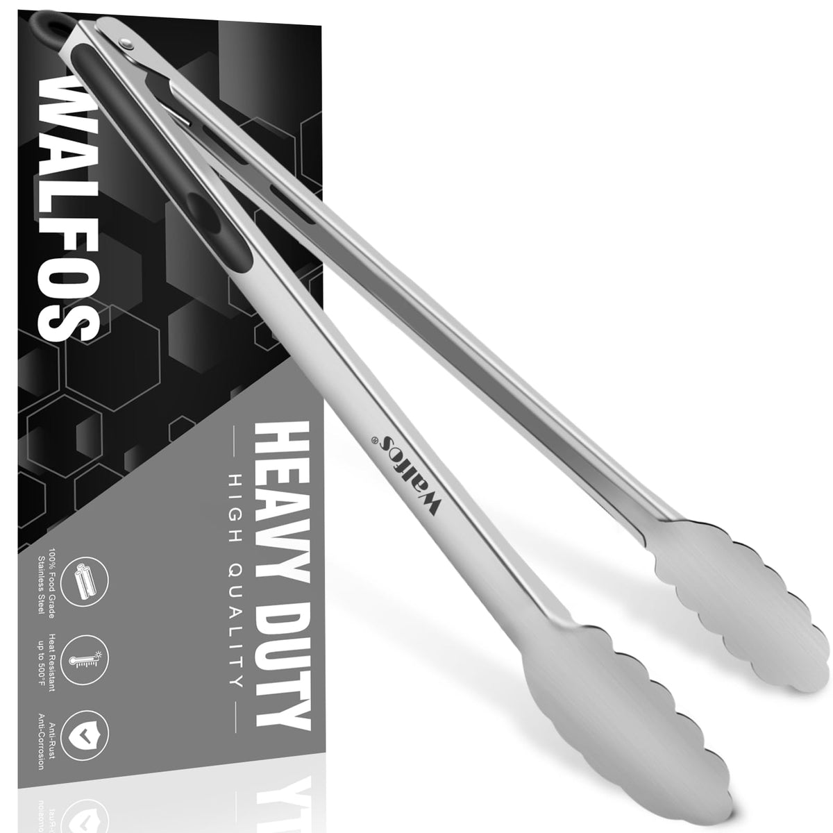 Walfos Kitchen Tongs for Cooking, 600℉ Heat Resistant Stainless Steel Tongs, All Metal Heavy Duty Tongs For Food ,BBQ Grilling - 7 ,9 and 12 Inch ,Set of 3