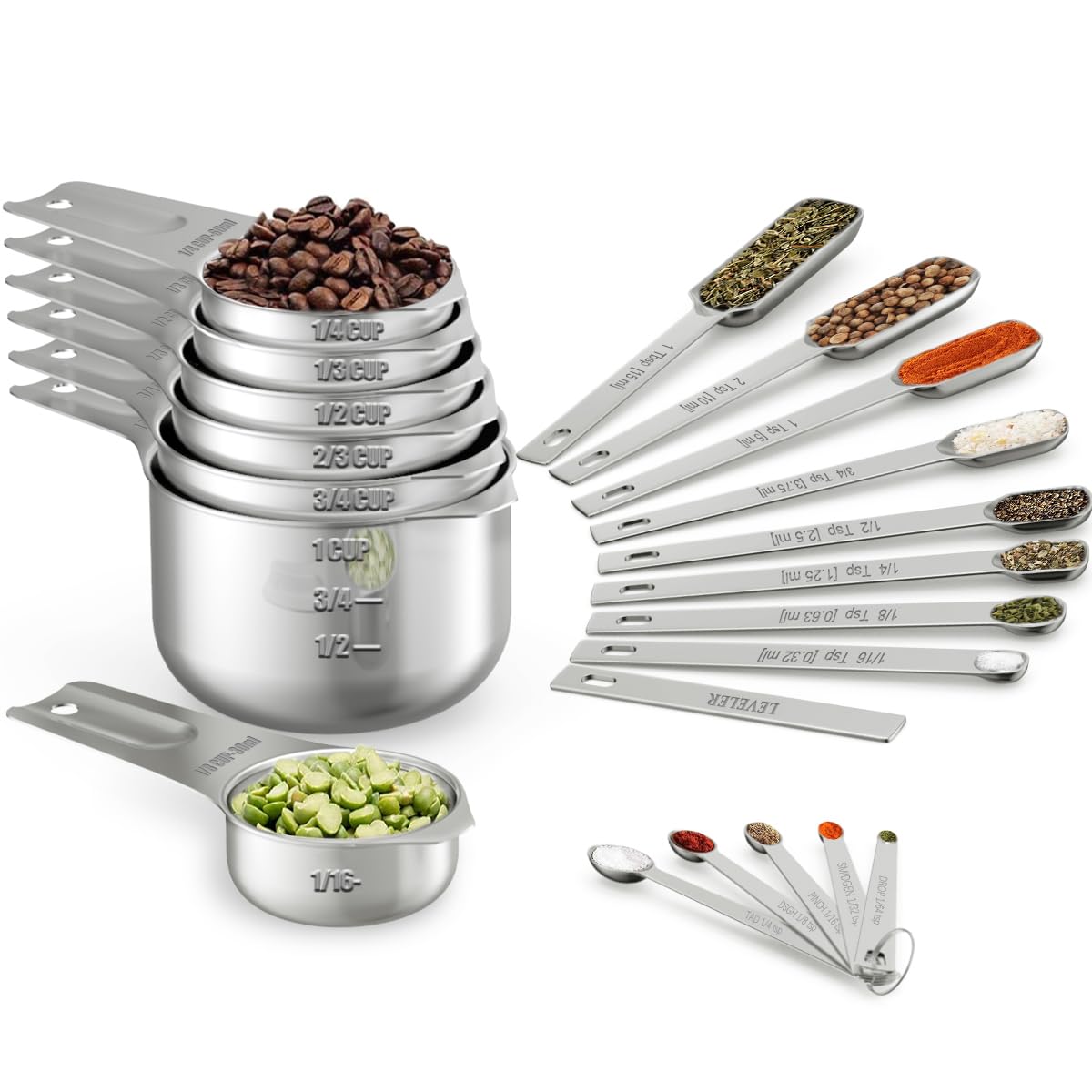 Wildone Copper Plated Measuring Cups & Spoons Set of 21 - Includes 7 Stainless Steel Nesting Measuring Cups, 8 Measuring Spoons, 1 Leveler & 5 Mini Measuring Spoons, Ideal for Dry & Liquid Ingredients