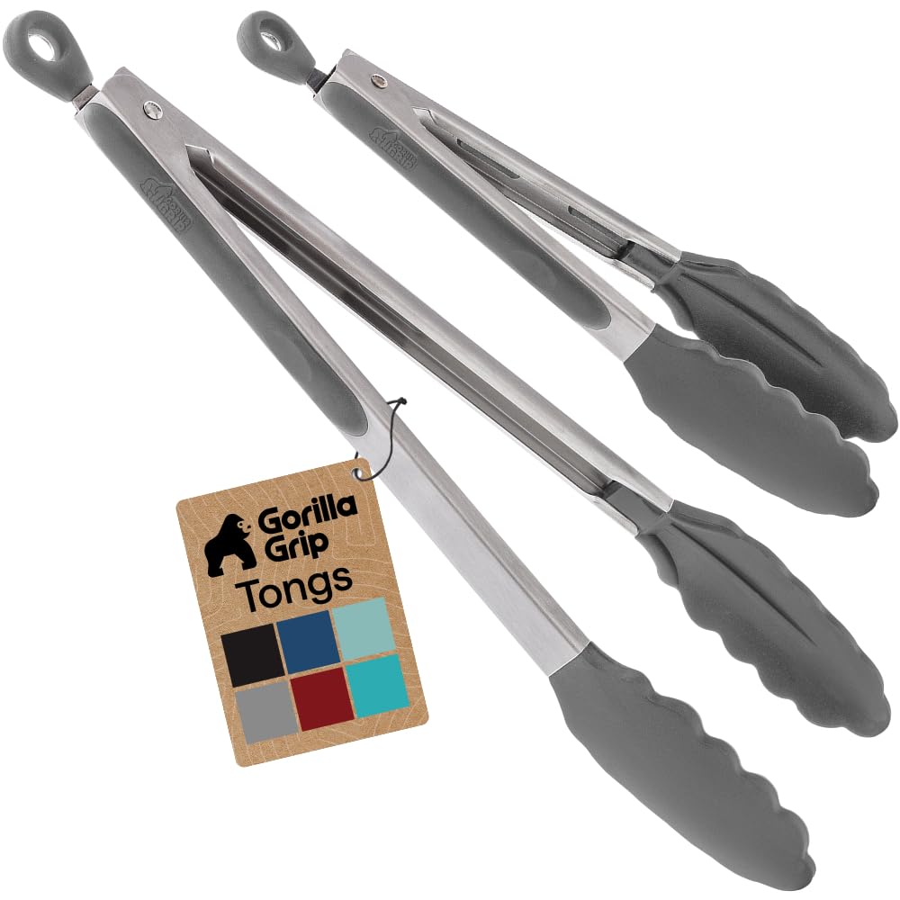 GORILLA GRIP Stainless Steel Kitchen Tongs for Cooking, 2 PK, Black