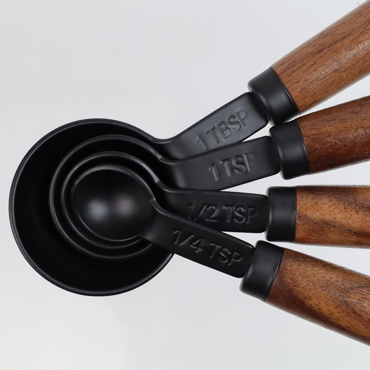 Set of 4 Stainless Steel Measuring Spoons with Wooden Handle, Black