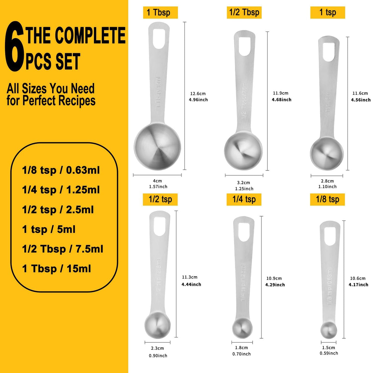 Stainless Steel Measuring Spoons Set, 6 Piece Metal Measuring Spoon Set for Dry & Liquid Ingredients, Heavy Duty 18/8 Steel with Engraved US & Metric Marks, Nesting Kitchen Spoons for Cooking Baking