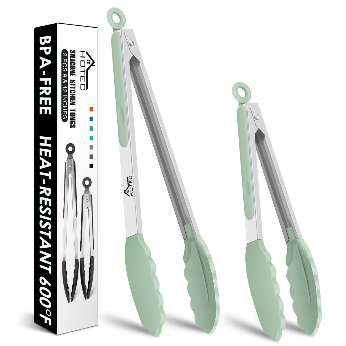 HOTEC Stainless Steel Kitchen Tongs with Silicone Tips, Set of 2-9" and 12"