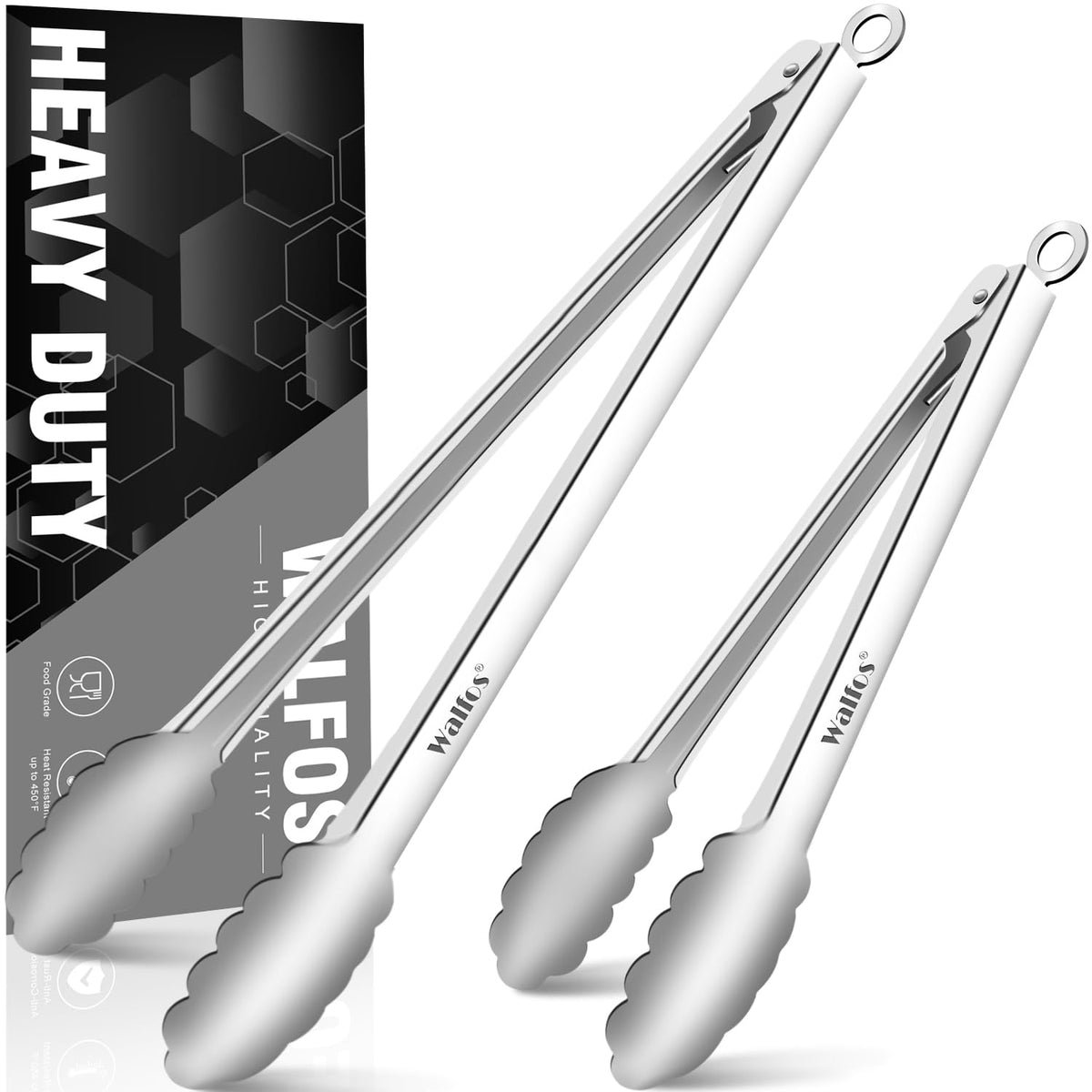 Walfos Kitchen Tongs for Cooking, 600℉ Heat Resistant Stainless Steel Tongs, All Metal Heavy Duty Tongs For Food ,BBQ Grilling - 7 ，9 and 12 Inch ,Set of 3