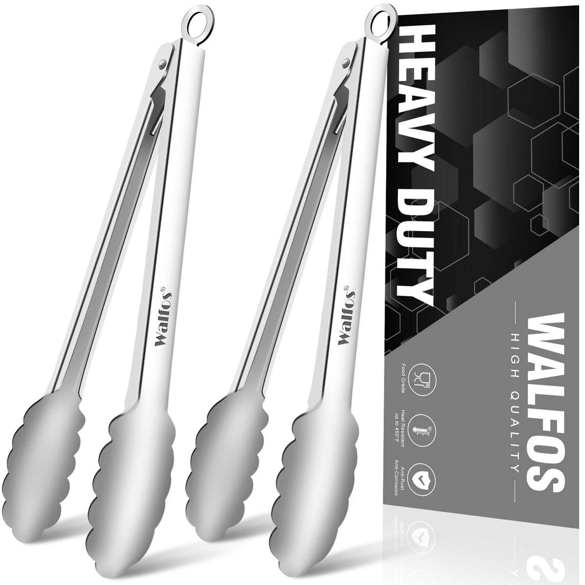 Walfos Kitchen Tongs for Cooking, 600℉ Heat Resistant Stainless Steel Tongs, All Metal Heavy Duty Tongs For Food ,BBQ Grilling - 7 ，9 and 12 Inch ,Set of 3