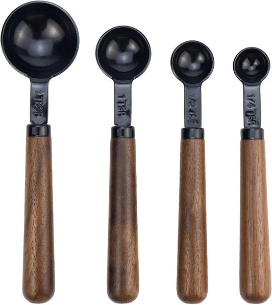 Set of 4 Stainless Steel Measuring Spoons with Wooden Handle, Black