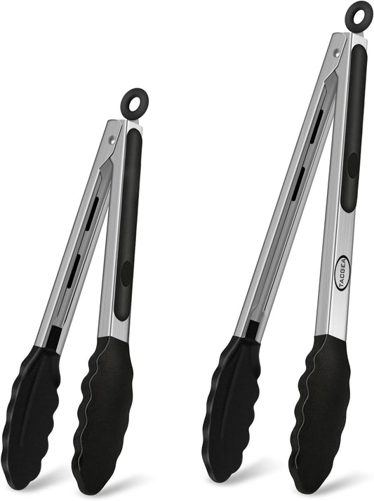 TACGEA Stainless Steel Kitchen Tongs with Silicone Tips, Locking Grilling Food Tongs, 9" and 12", Set of 2 Black