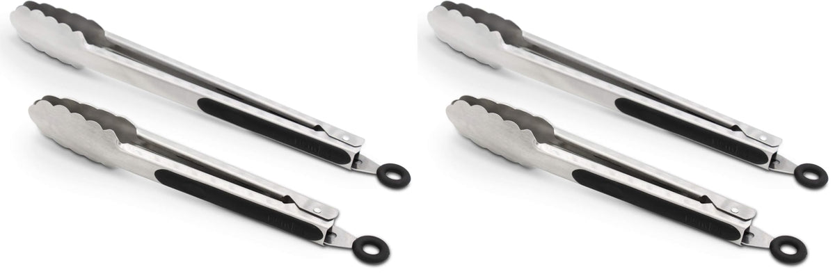 304 Stainless Steel Kitchen Cooking Tongs, 9" and 12" Set of 2 Sturdy Grilling Barbeque Brushed Locking Food Tongs with Ergonomic Grip, Black