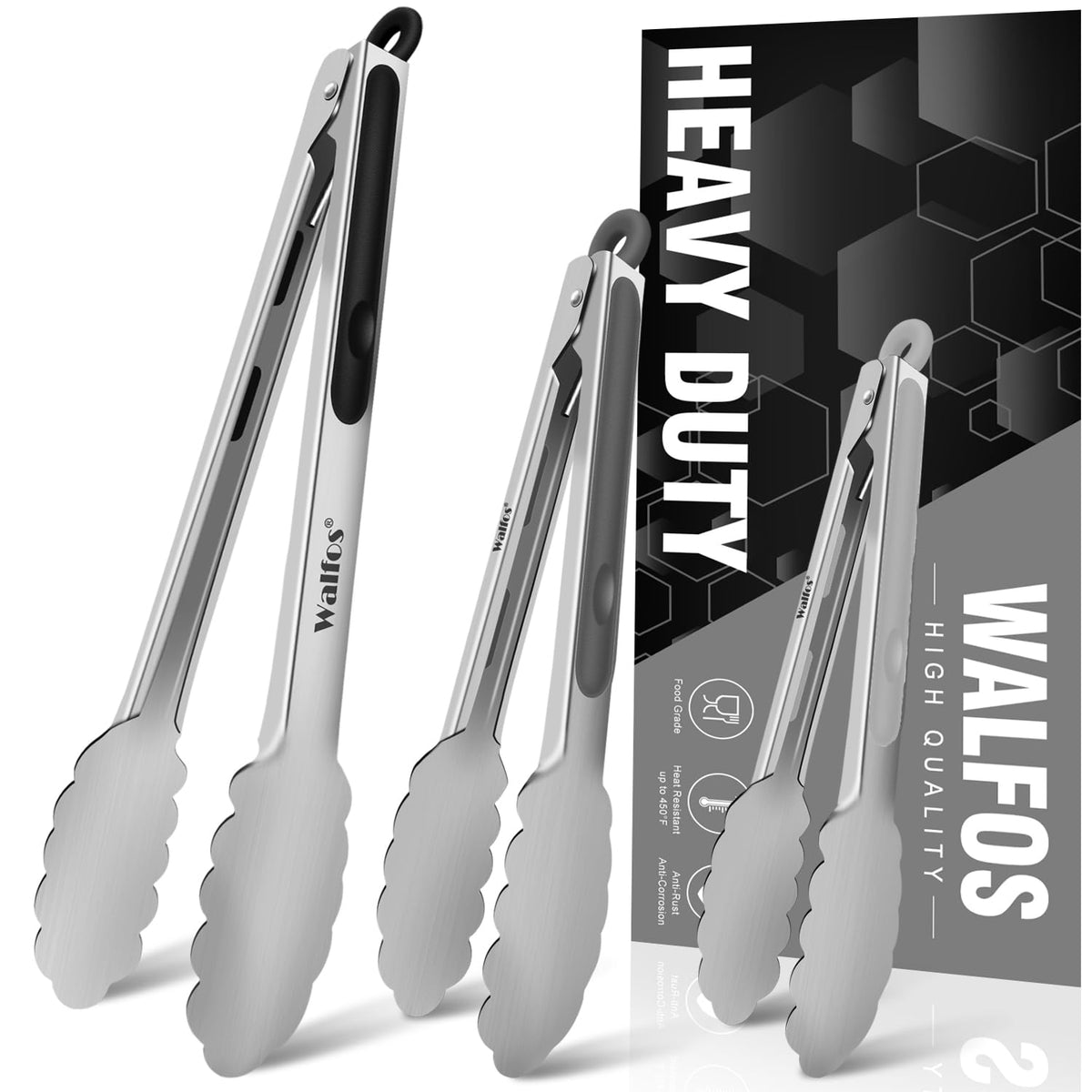 Walfos Kitchen Tongs for Cooking, 600℉ Heat Resistant Stainless Steel Tongs, All Metal Heavy Duty Tongs For Food ,BBQ Grilling - 7 ，9 and 12 Inch ,Set of 3