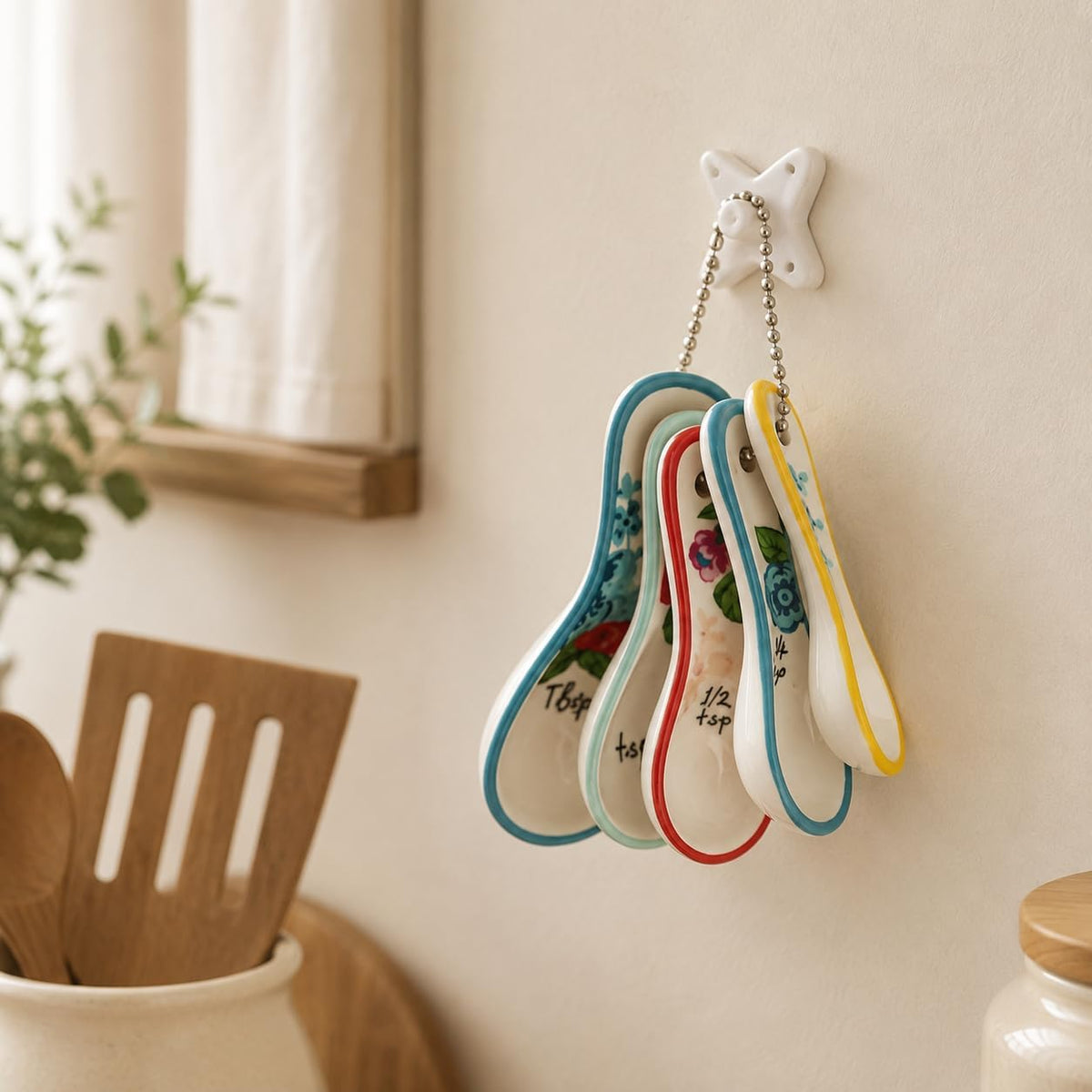 WAYUTO Ceramic Measuring Spoons Set, 5 Piece Flower Measuring Spoons, Cute White Kitchen Spoon Set for Baking, Coffee and Cooking， 1 Tbsp 1 TSP 1/2 TSP 1/4 TSP 1/8 TSP
