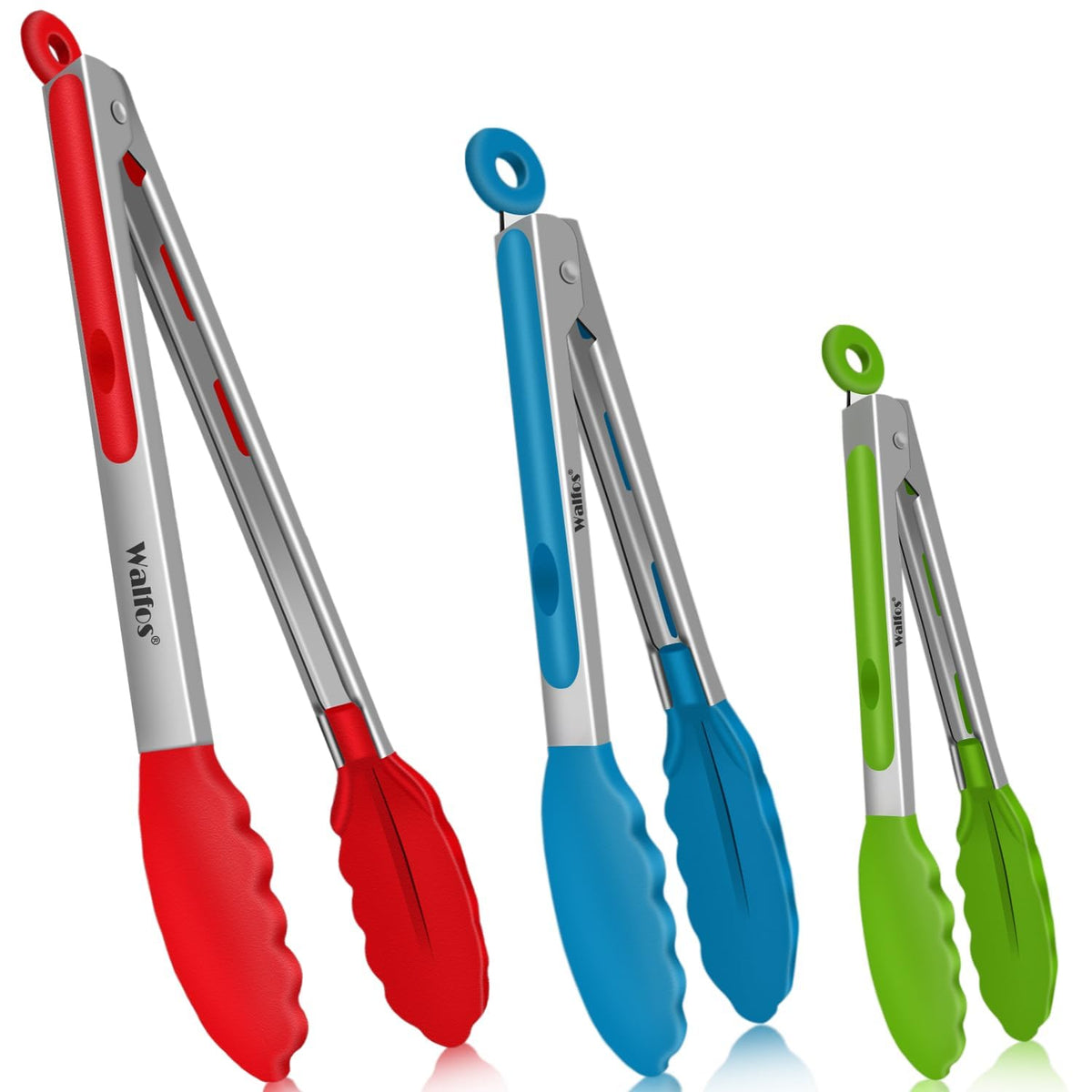 Walfos Kitchen Tongs for Cooking, 600℉ Heat Resistant Stainless Steel Tongs, All Metal Heavy Duty Tongs For Food ,BBQ Grilling - 7 ，9 and 12 Inch ,Set of 3