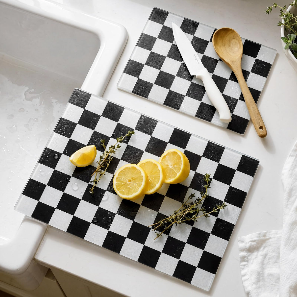 Tempered Glass Cutting Boards Set of 2 Beige Checkered Cutting Board
