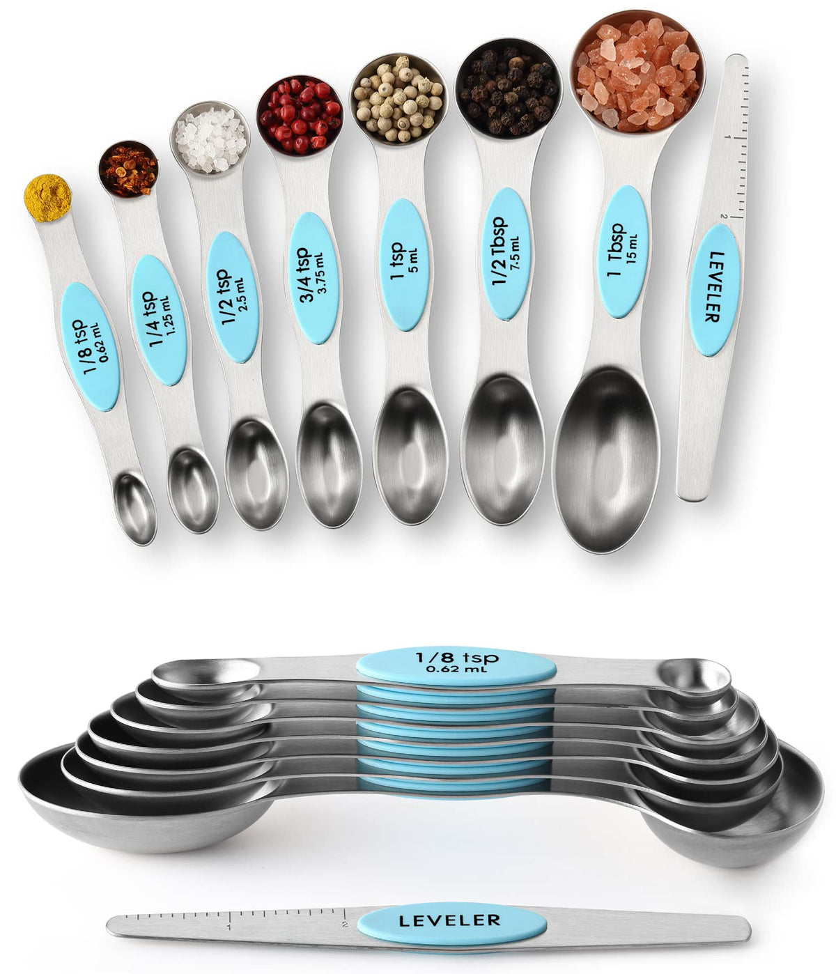 Spring Chef Magnetic Measuring Spoons Set of 8 for Kitchen, Multicolor