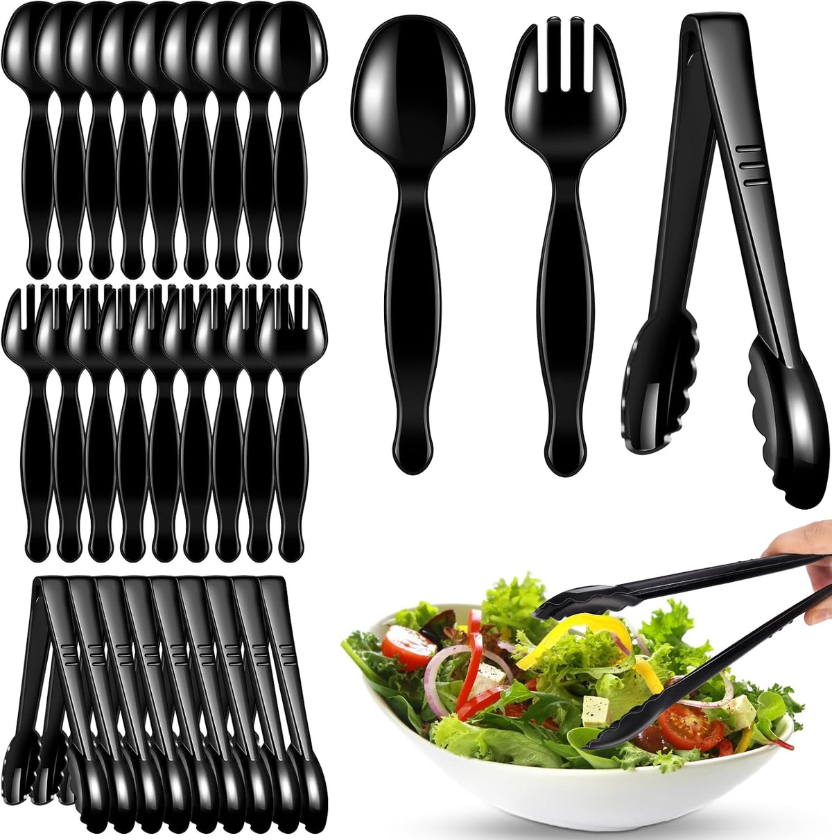 30 Pcs Disposable Black Plastic Serving Utensils,10 Set