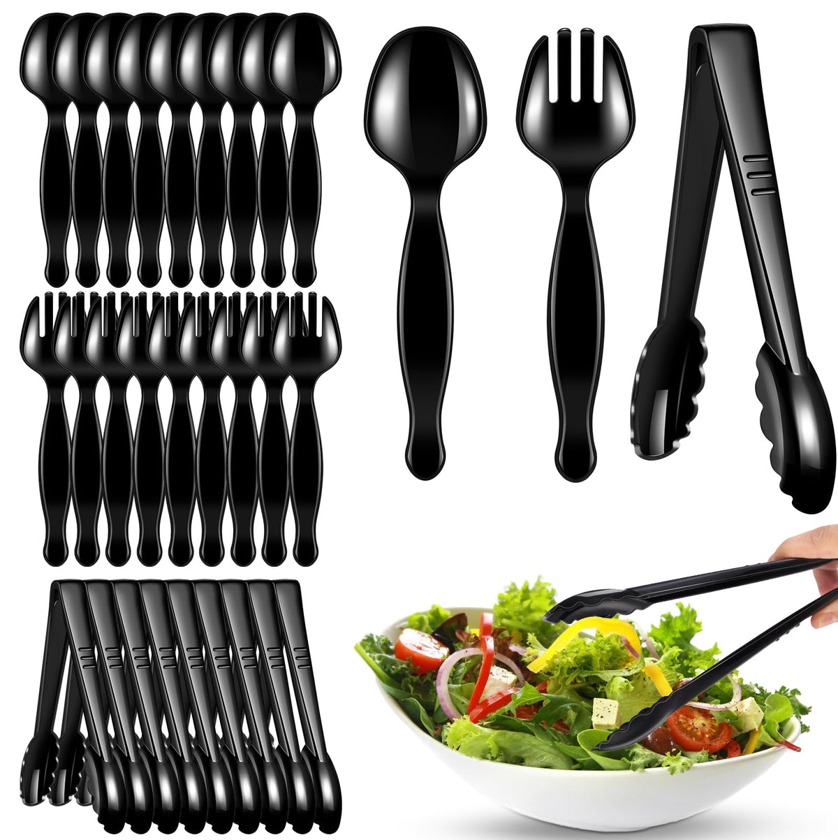 30 Pcs Disposable Black Plastic Serving Utensils,10 Set