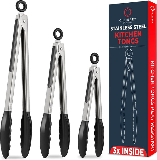 Kitchen Tongs - 12, 9 & 7 Inch Locking Silicone Tongs for Cooking, Set of 3