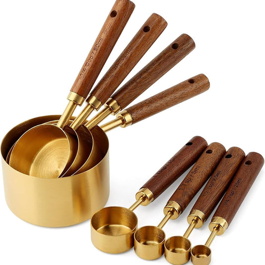 Gold Measuring Cups and Spoons Set Stainless Steel Wood Handle US Metric