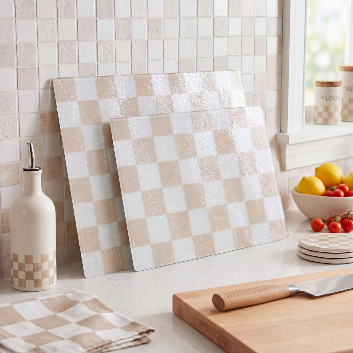 Tempered Glass Cutting Boards Set of 2 Beige Checkered Cutting Board