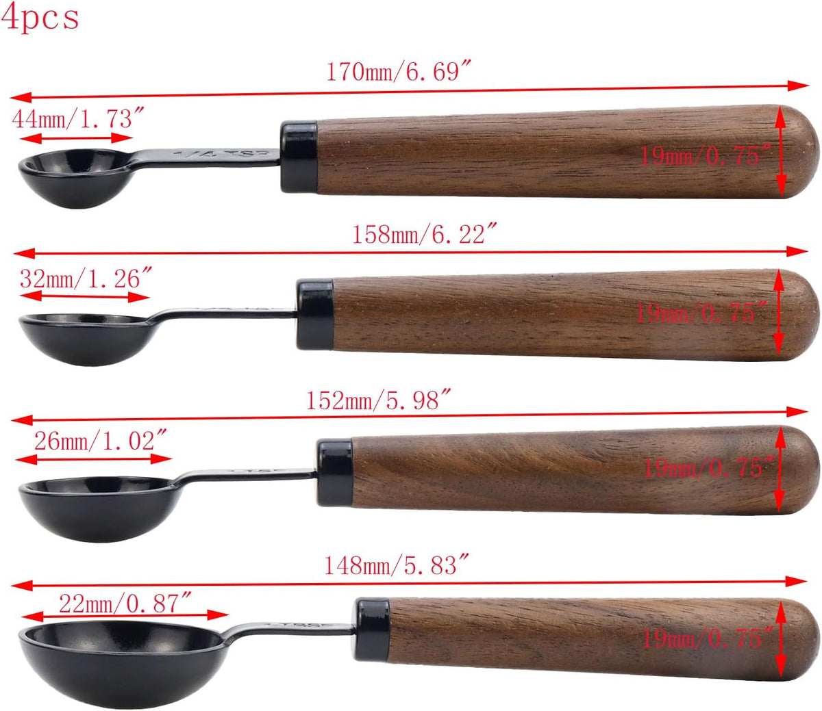 Set of 4 Stainless Steel Measuring Spoons with Wooden Handle, Black
