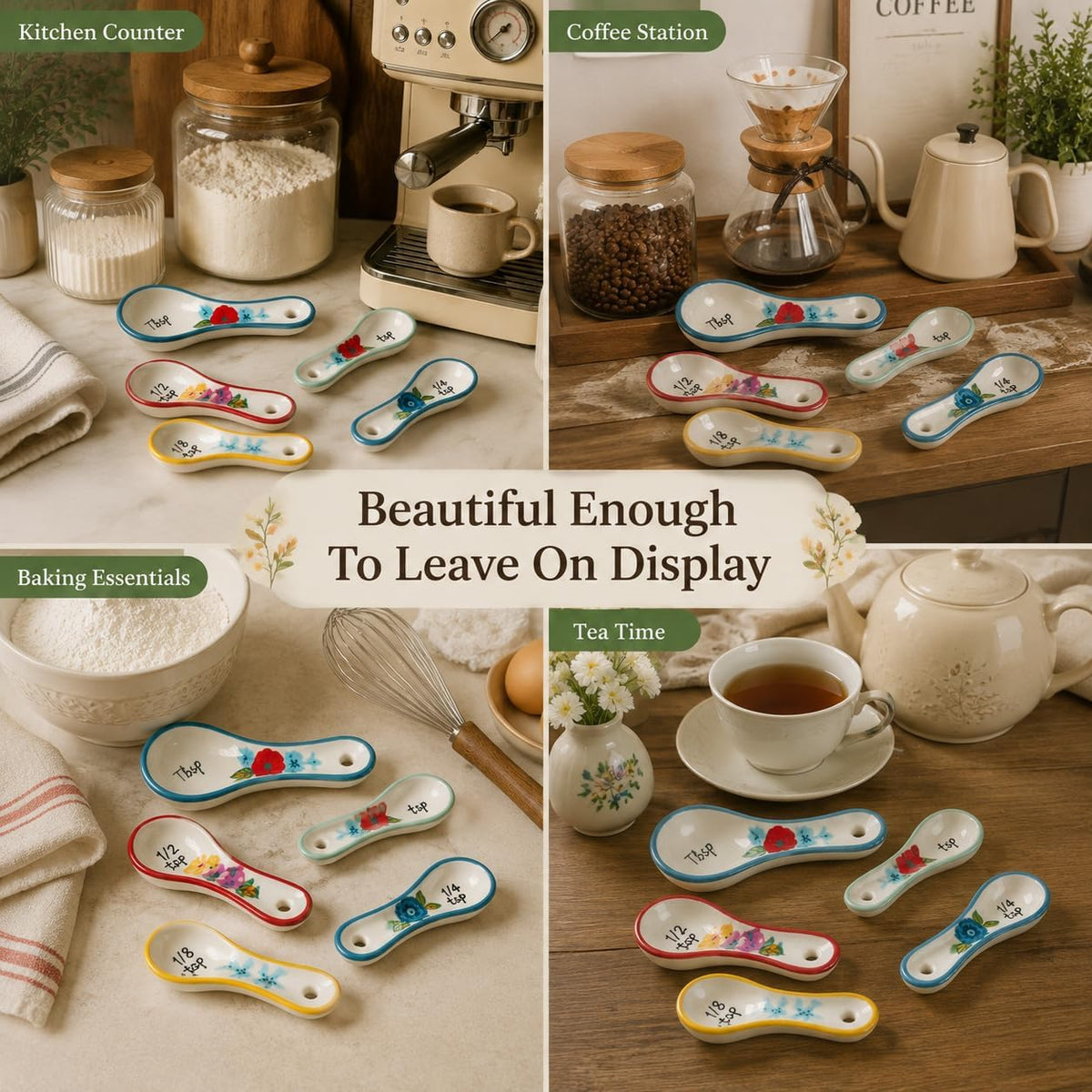 WAYUTO Ceramic Measuring Spoons Set, 5 Piece Flower Measuring Spoons, Cute White Kitchen Spoon Set for Baking, Coffee and Cooking， 1 Tbsp 1 TSP 1/2 TSP 1/4 TSP 1/8 TSP