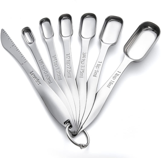 Rainspire Heavy Duty Measuring Spoons Set Stainless Steel, Metal Measuring Cups and Spoons Set for Dry or Liquid, Fits in Spice Jar, Home Gadgets Kitchen Gadgets, Set of 7 Including Leveler