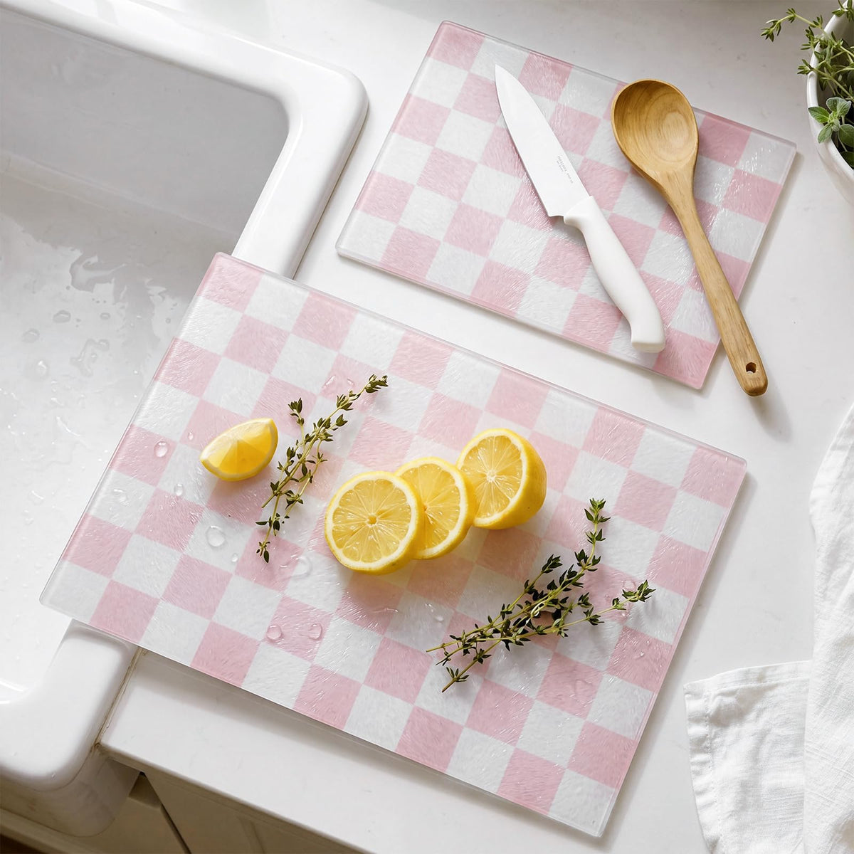 Tempered Glass Cutting Boards Set of 2 Beige Checkered Cutting Board