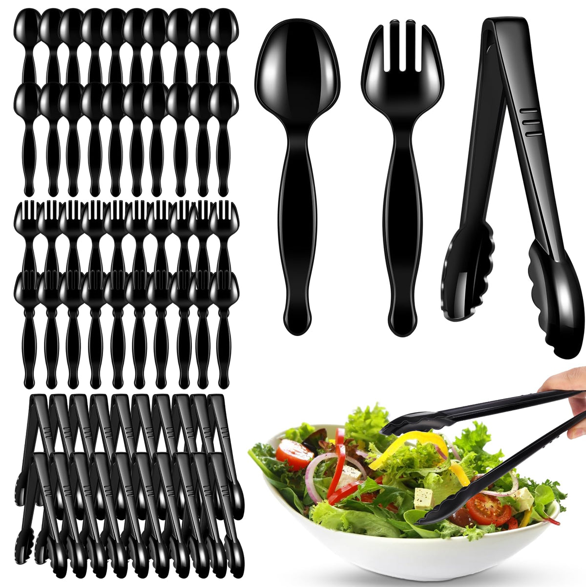 30 Pcs Disposable Black Plastic Serving Utensils,10 Set