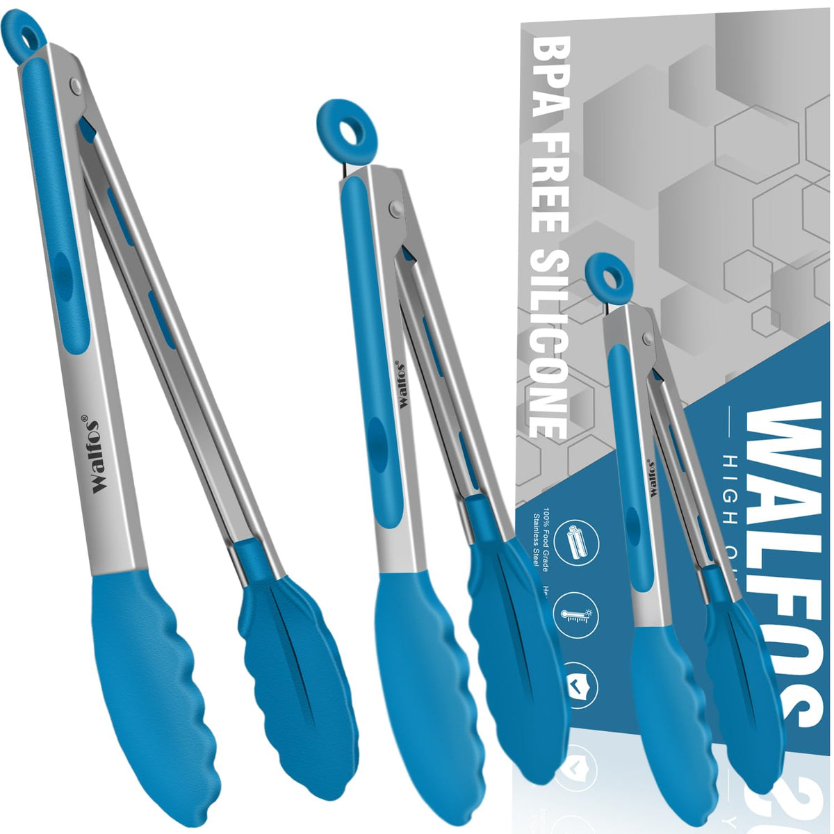 Walfos Kitchen Tongs for Cooking, 600℉ Heat Resistant Stainless Steel Tongs, All Metal Heavy Duty Tongs For Food ,BBQ Grilling - 7 ，9 and 12 Inch ,Set of 3