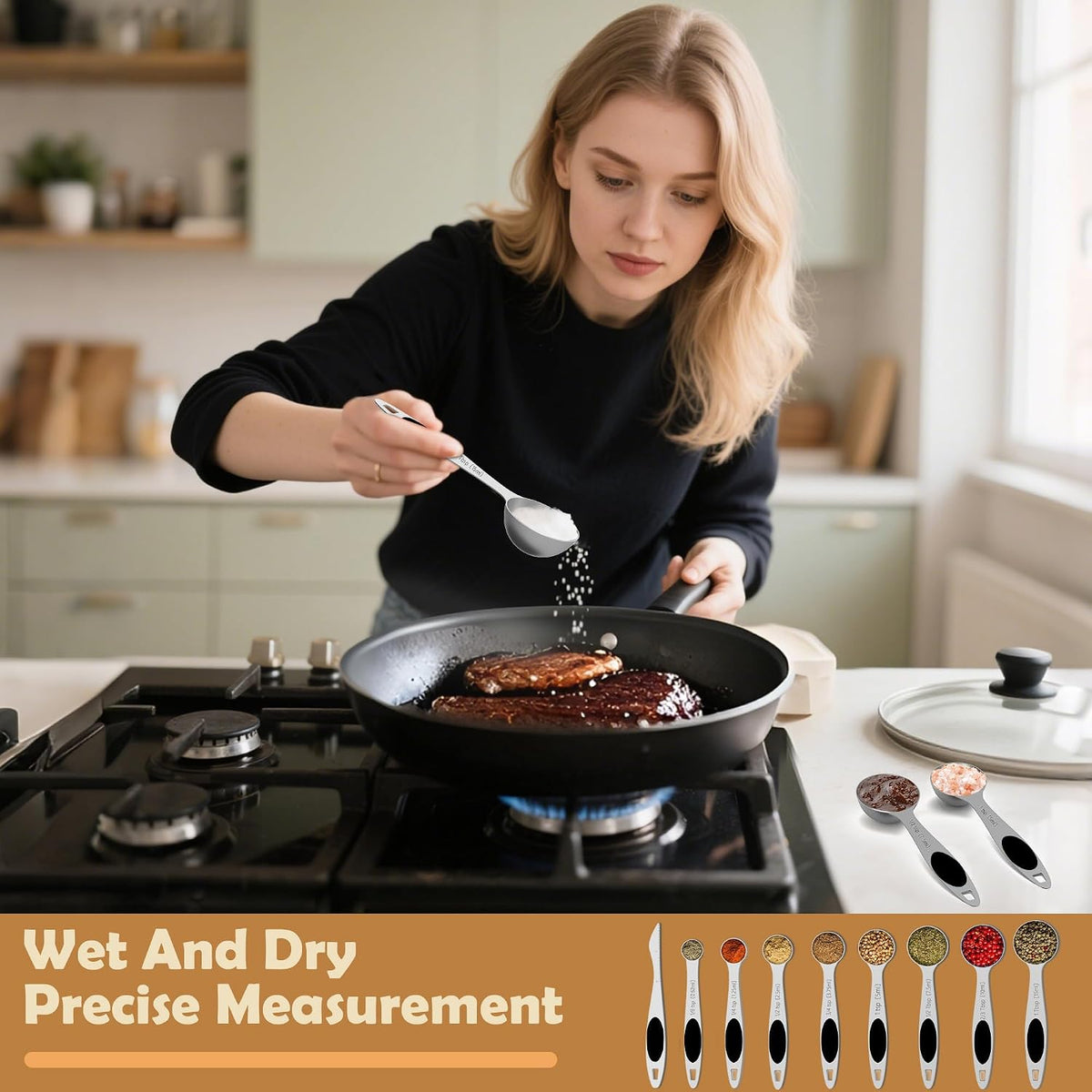 Measuring Spoons,Magnetic Measuring Spoons Set,304 Stainless Steel 7 Single Side Measuring Spoons Set and 1 Leveler with Strong N45 Magnetss,Heavy Duty Metal Kitchen Gadgets for Baking & Cooking
