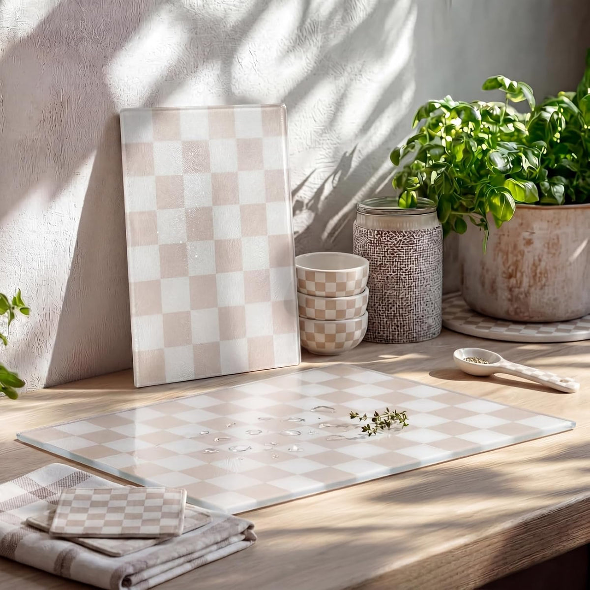 Tempered Glass Cutting Boards Set of 2 Beige Checkered Cutting Board