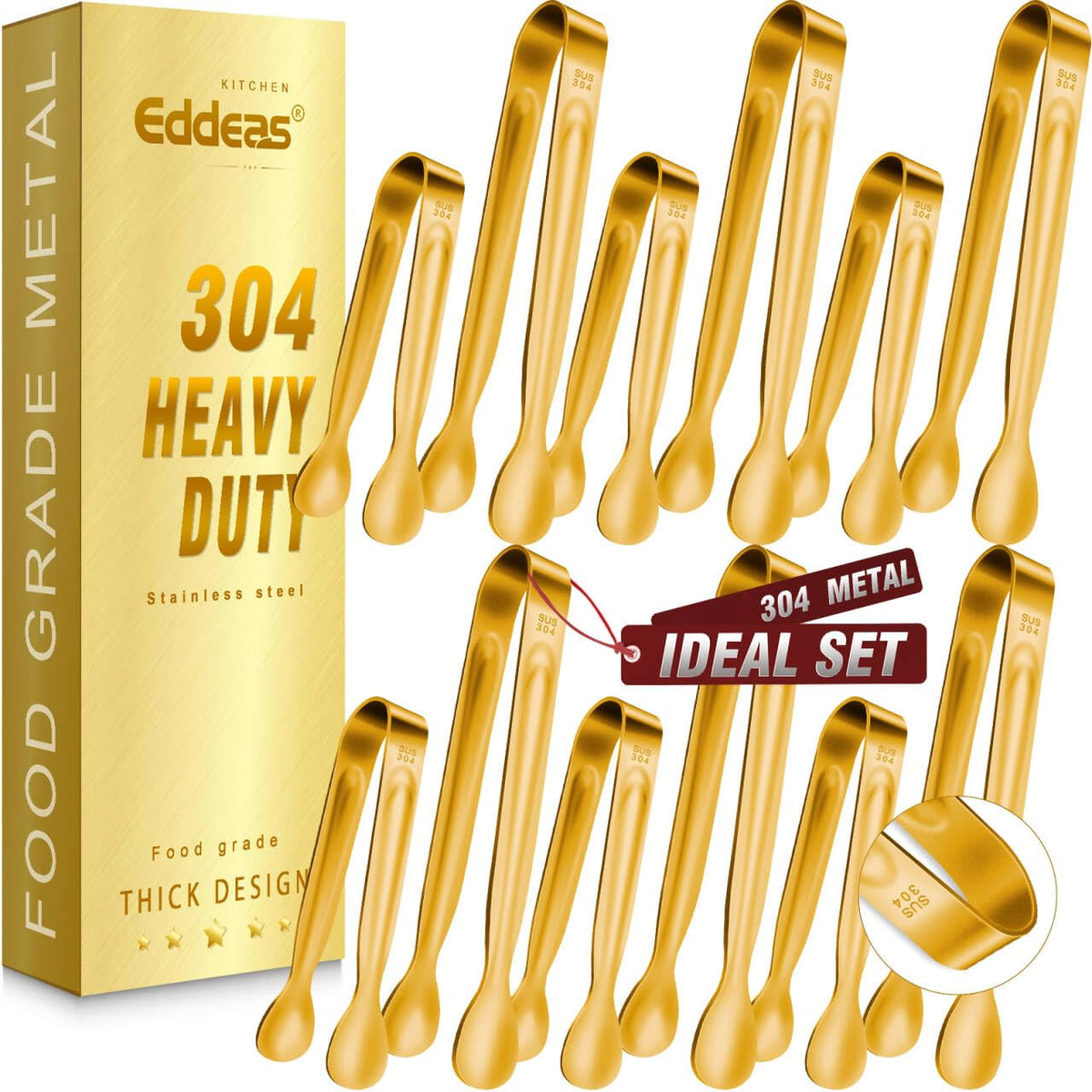 EDDEAS 12 PCS Small Serving Tongs, 4.3" Mini Gold Tongs, Gold Kitchen Tongs for Serving Food, Coffee Bar, Tea Party, Desserts Party and Ice Bucket