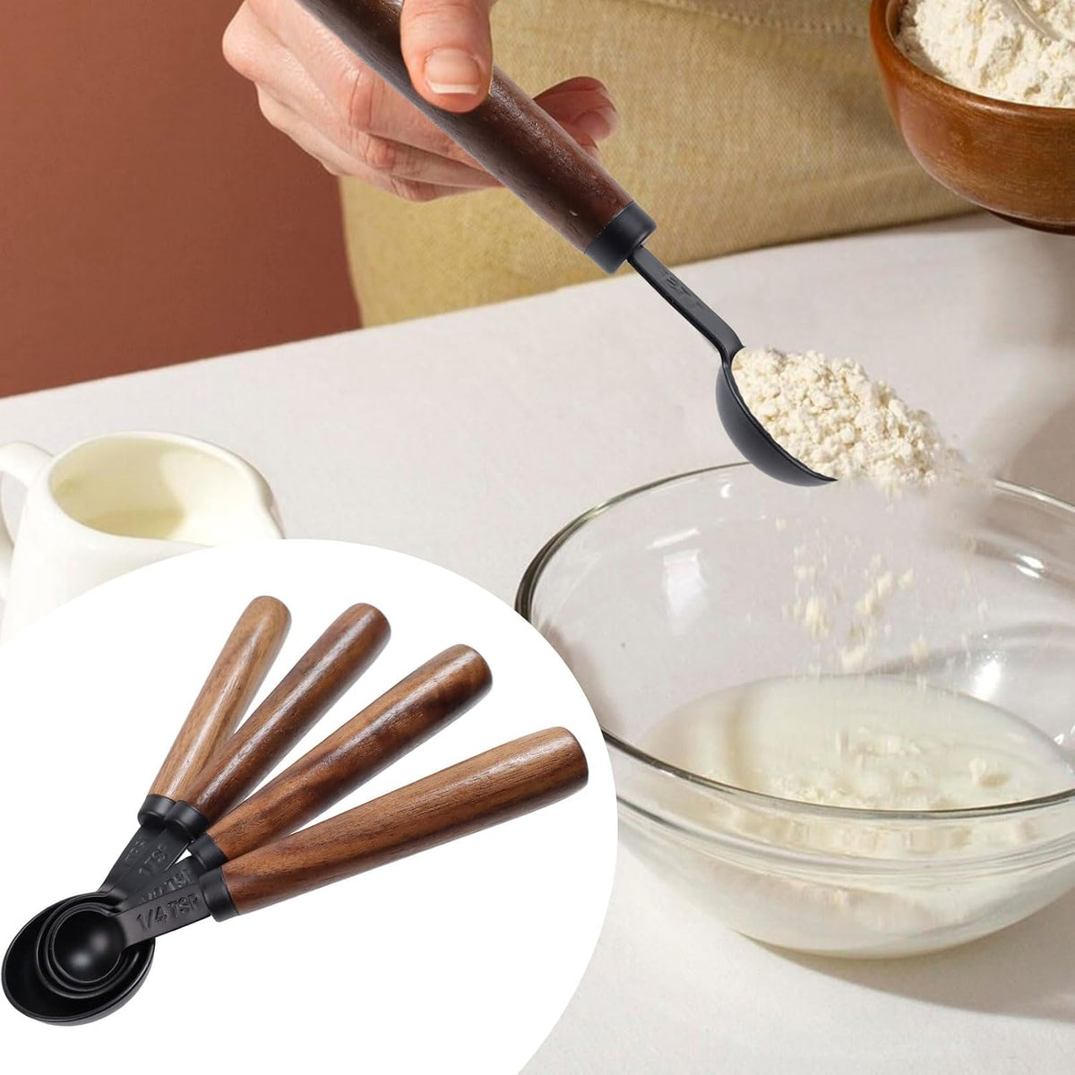 Set of 4 Stainless Steel Measuring Spoons with Wooden Handle, Black