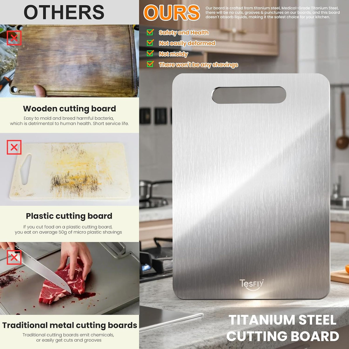 2 Pack Titanium Cutting Board-100% Pure Titanium Cutting Boards For Kitche,Easy to clean,Double-sided food-grade Cutting Board For Cutting Meats, Fruits And Vegetables(M+L)