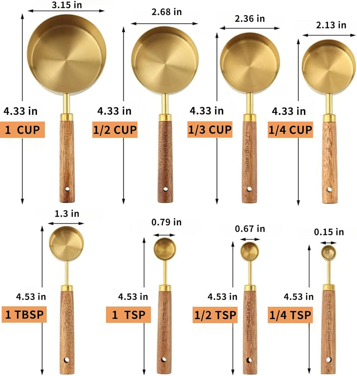 Gold Measuring Cups and Spoons Set Stainless Steel Wood Handle US Metric