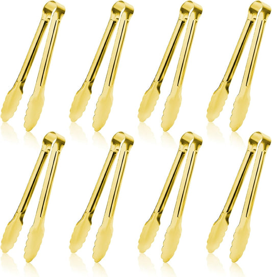 8PCS Gold Mini Metal Tongs, 5" Stainless Steel Serving Tiny Tong, Small Kitchen Accessories for Appetizer, Ice, Sugar Cube, Salad, Toaster, Desserts (Gold, 5 INCH)
