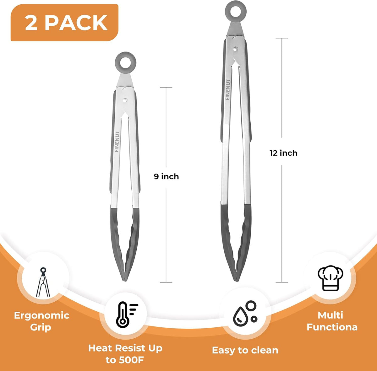 9" & 12" Silicone Cooking Tongs, Stainless Steel