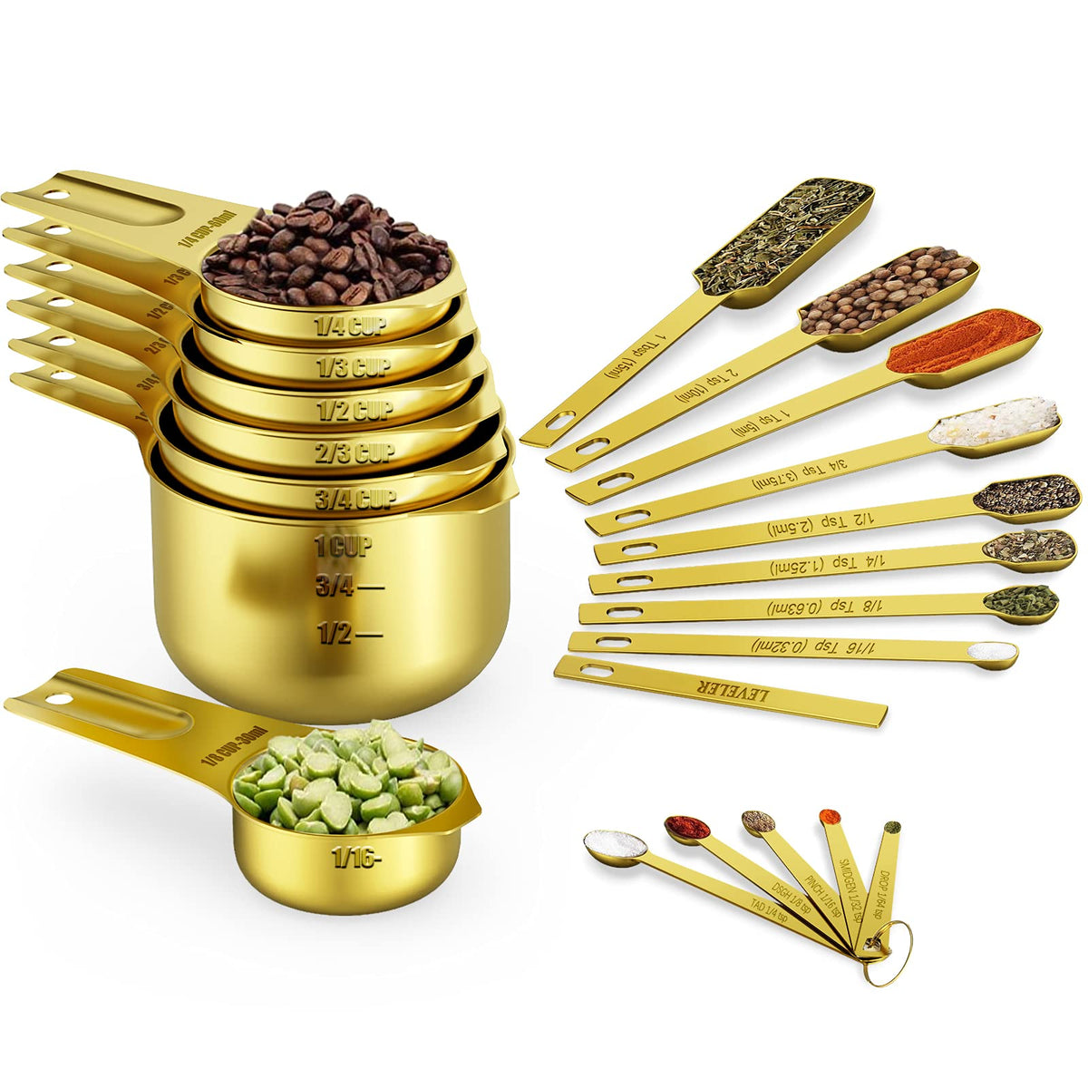Wildone Copper Plated Measuring Cups & Spoons Set of 21 - Includes 7 Stainless Steel Nesting Measuring Cups, 8 Measuring Spoons, 1 Leveler & 5 Mini Measuring Spoons, Ideal for Dry & Liquid Ingredients