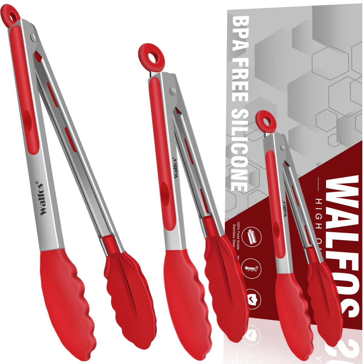 Walfos Kitchen Tongs for Cooking, 600℉ Heat Resistant Stainless Steel Tongs, All Metal Heavy Duty Tongs For Food ,BBQ Grilling - 7 ，9 and 12 Inch ,Set of 3