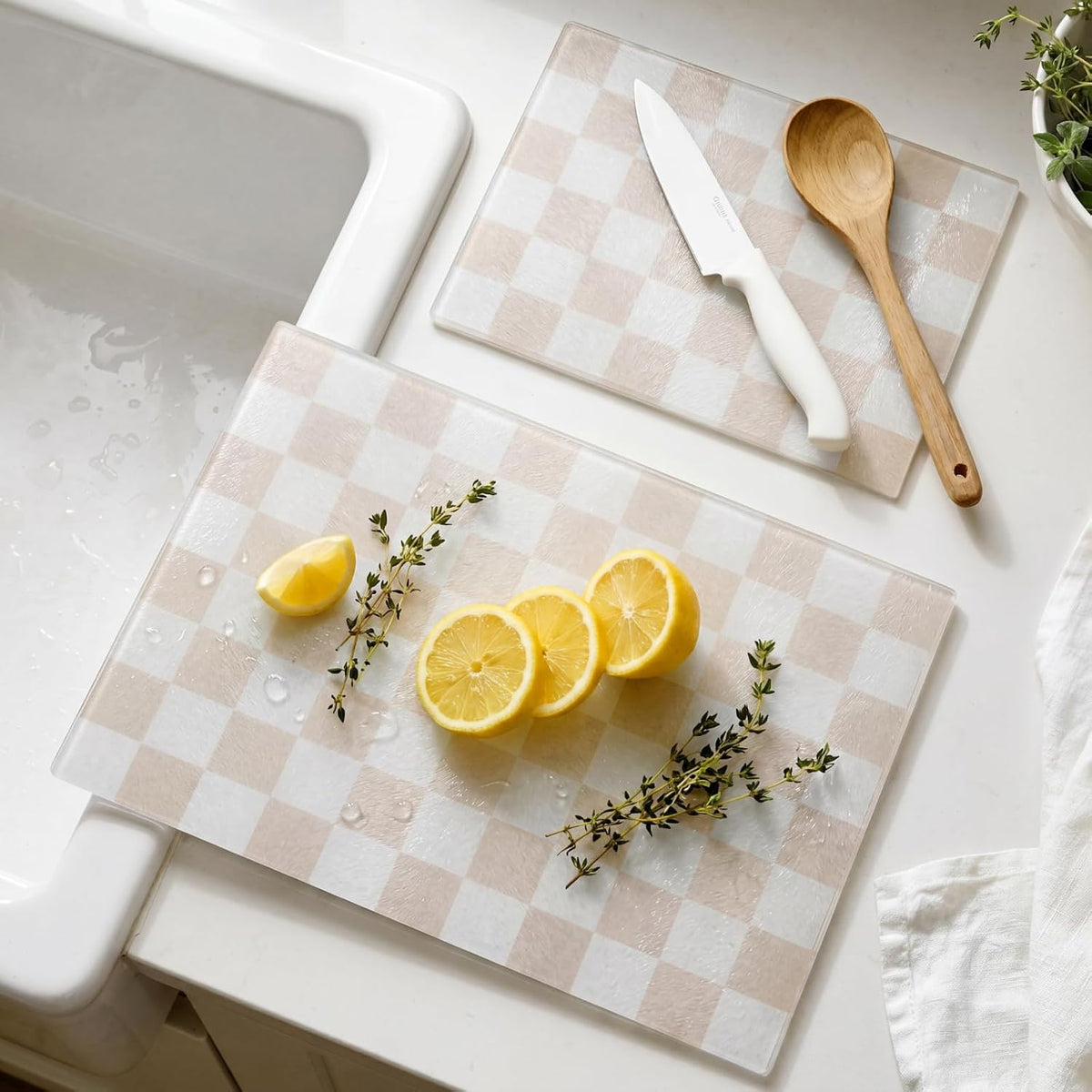 Tempered Glass Cutting Boards Set of 2 Beige Checkered Cutting Board