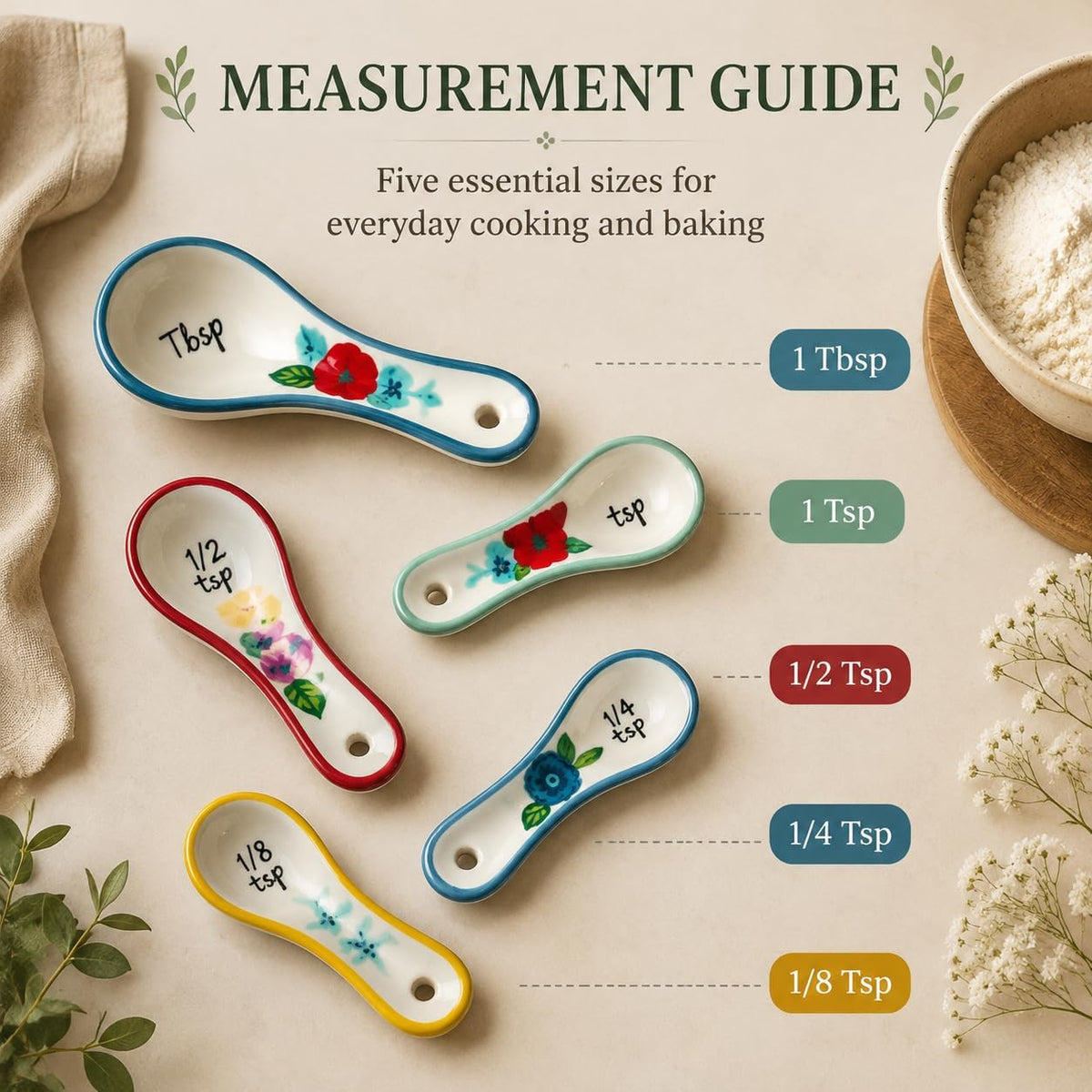 WAYUTO Ceramic Measuring Spoons Set, 5 Piece Flower Measuring Spoons, Cute White Kitchen Spoon Set for Baking, Coffee and Cooking， 1 Tbsp 1 TSP 1/2 TSP 1/4 TSP 1/8 TSP