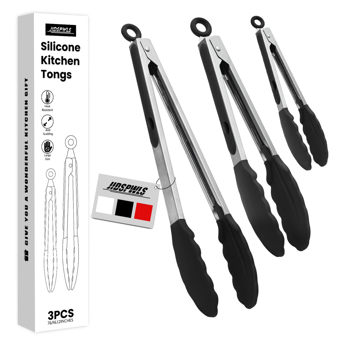 2 Pack Black Premium Stainless Steel Heat Resistant Kitchen Tongs for cooking,set of 9" and 12",Non Scratch Silicone cooking Tong Tip for Cooking Pans,Strong Grip BBQ tongs for Grabbing Hot Food