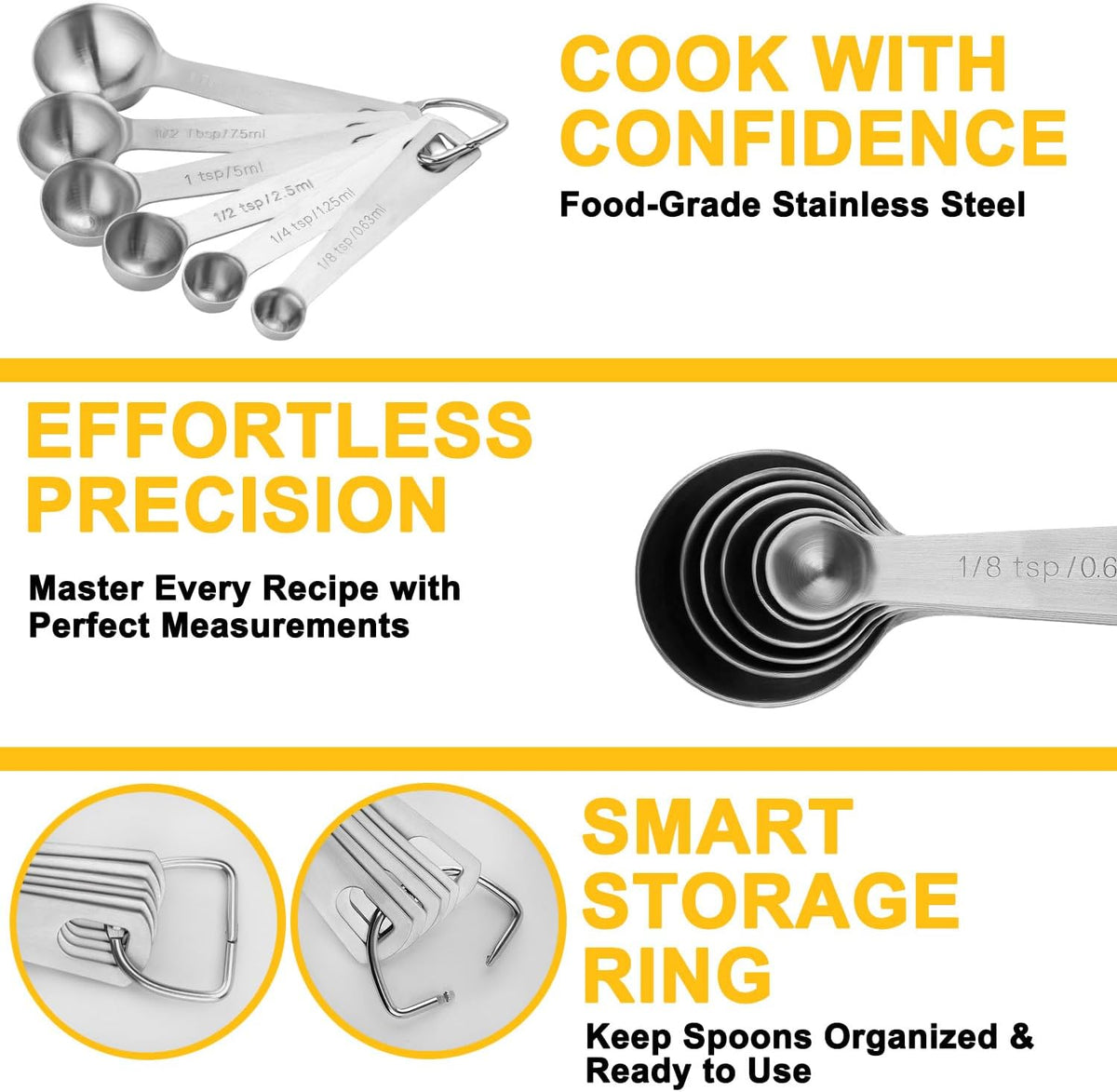 Stainless Steel Measuring Spoons Set, 6 Piece Metal Measuring Spoon Set for Dry & Liquid Ingredients, Heavy Duty 18/8 Steel with Engraved US & Metric Marks, Nesting Kitchen Spoons for Cooking Baking