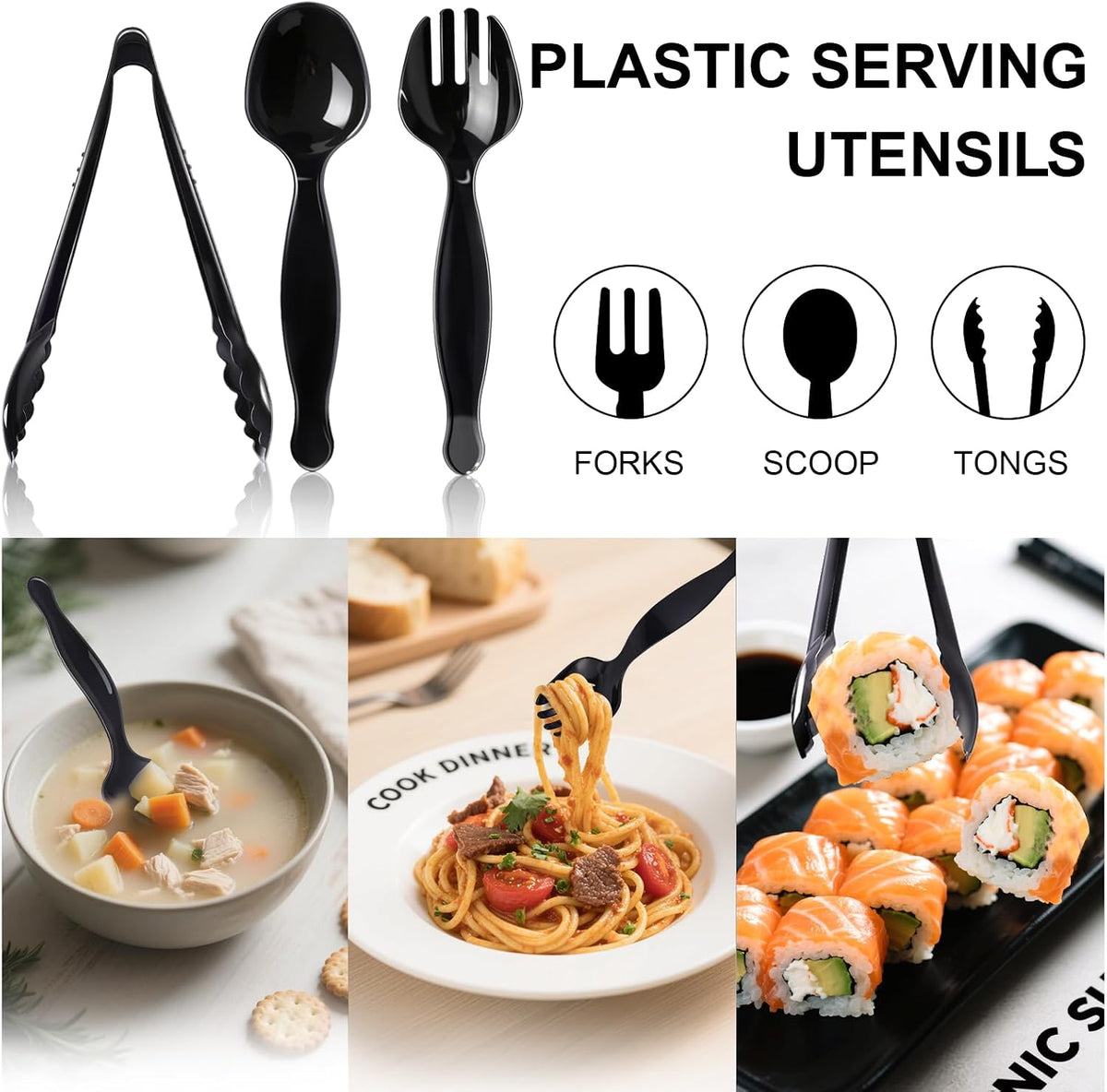 30 Pcs Disposable Black Plastic Serving Utensils,10 Set