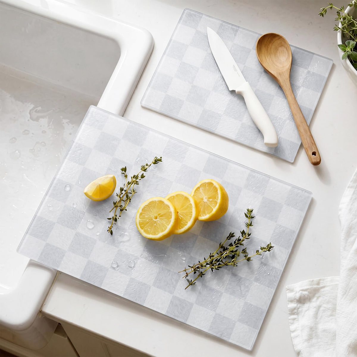 Tempered Glass Cutting Boards Set of 2 Beige Checkered Cutting Board