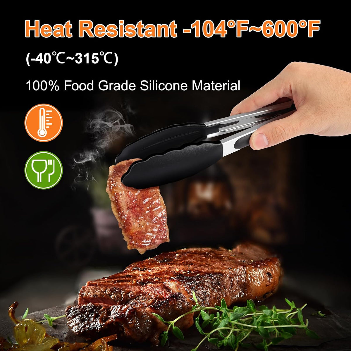 2 Pack Black Premium Stainless Steel Heat Resistant Kitchen Tongs for cooking,set of 9" and 12",Non Scratch Silicone cooking Tong Tip for Cooking Pans,Strong Grip BBQ tongs for Grabbing Hot Food