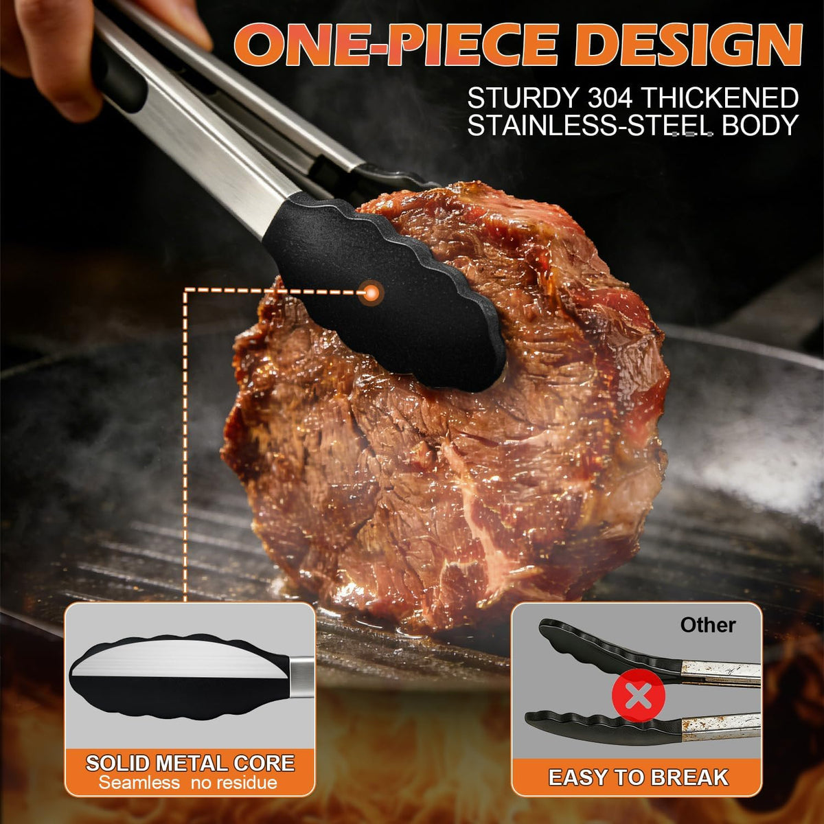 TACGEA Stainless Steel Kitchen Tongs with Silicone Tips, Locking Grilling Food Tongs, 9" and 12", Set of 2 Black