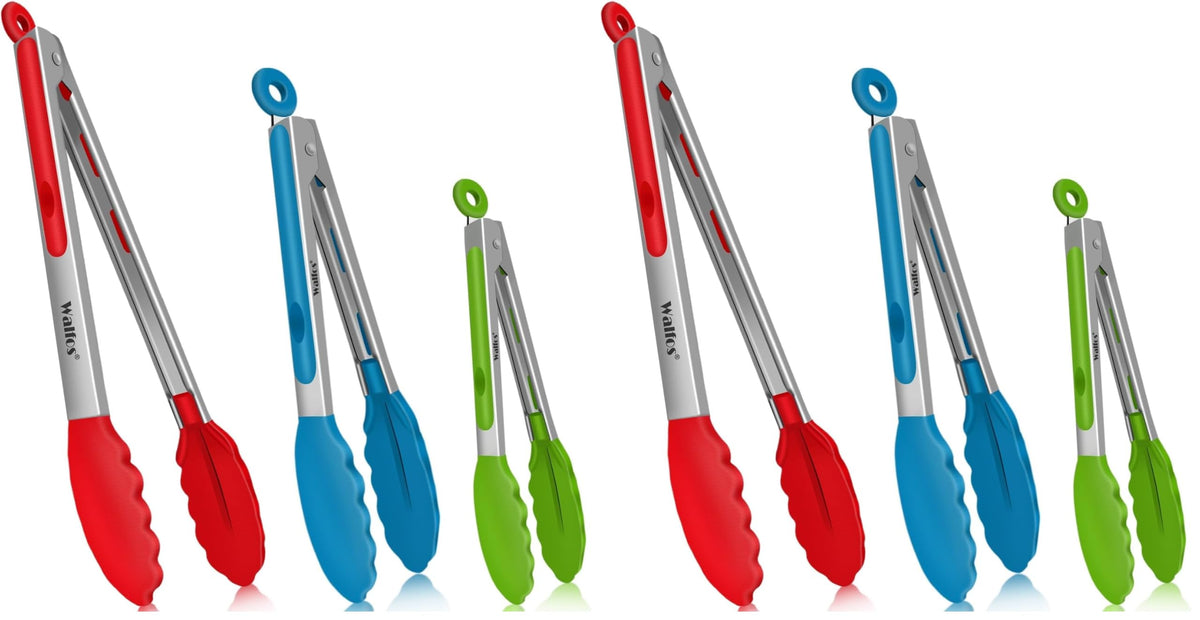 Walfos Kitchen Tongs for Cooking, 600℉ Heat Resistant Stainless Steel Tongs, All Metal Heavy Duty Tongs For Food ,BBQ Grilling - 7 ，9 and 12 Inch ,Set of 3