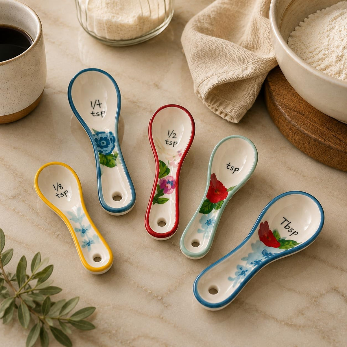 WAYUTO Ceramic Measuring Spoons Set, 5 Piece Flower Measuring Spoons, Cute White Kitchen Spoon Set for Baking, Coffee and Cooking， 1 Tbsp 1 TSP 1/2 TSP 1/4 TSP 1/8 TSP