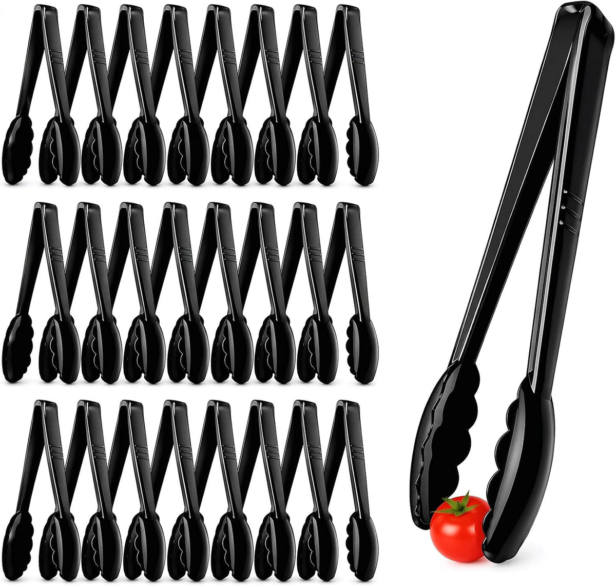 24 Pack Plastic Serving Tongs, 9 Inch Black Heavy Duty Buffet Tongs