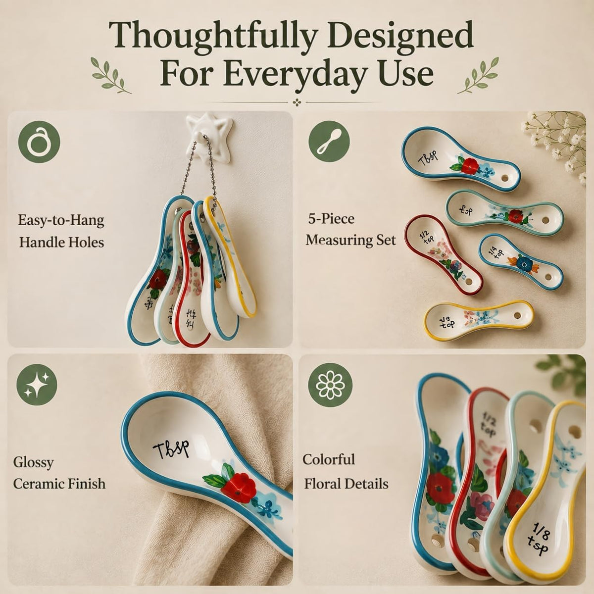 WAYUTO Ceramic Measuring Spoons Set, 5 Piece Flower Measuring Spoons, Cute White Kitchen Spoon Set for Baking, Coffee and Cooking， 1 Tbsp 1 TSP 1/2 TSP 1/4 TSP 1/8 TSP