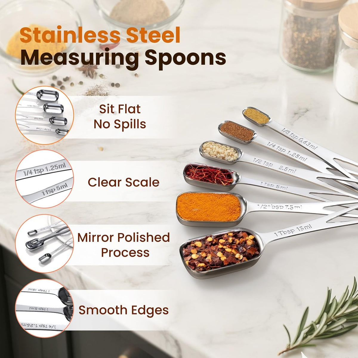 6pcs Narrow Measuring Spoons Set, Stainless Steel Spoons for Spice Jars